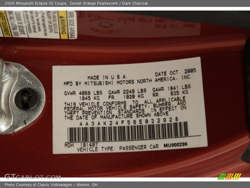 Sunset Orange Pearlescent / Dark Charcoal 2006 Mitsubishi Eclipse GS Coupe