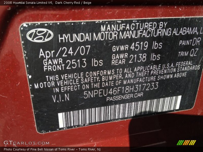 Dark Cherry Red / Beige 2008 Hyundai Sonata Limited V6