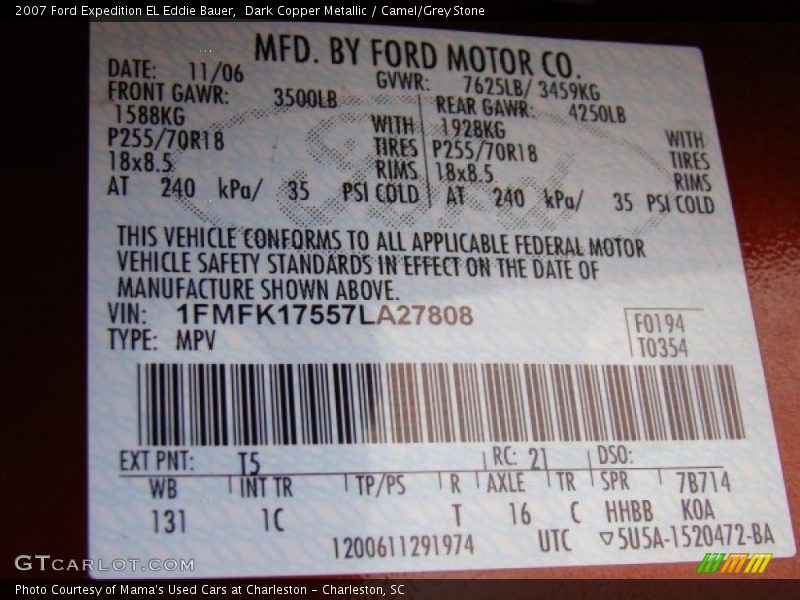 Dark Copper Metallic / Camel/Grey Stone 2007 Ford Expedition EL Eddie Bauer