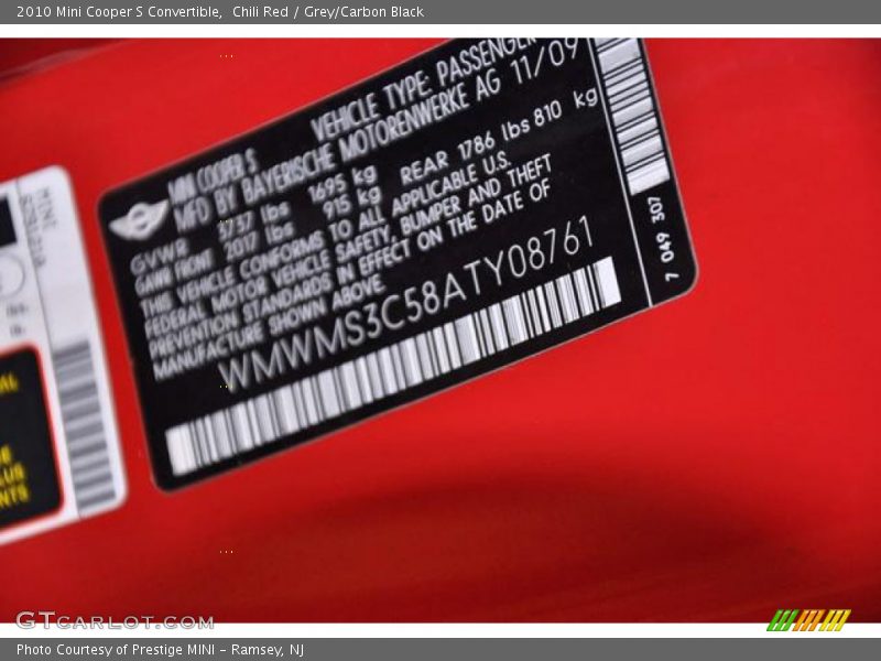 Chili Red / Grey/Carbon Black 2010 Mini Cooper S Convertible