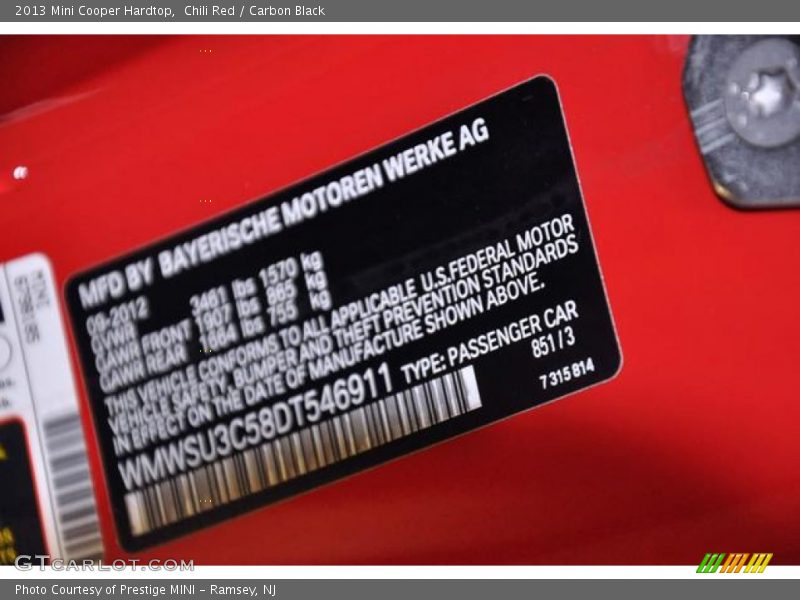 Chili Red / Carbon Black 2013 Mini Cooper Hardtop