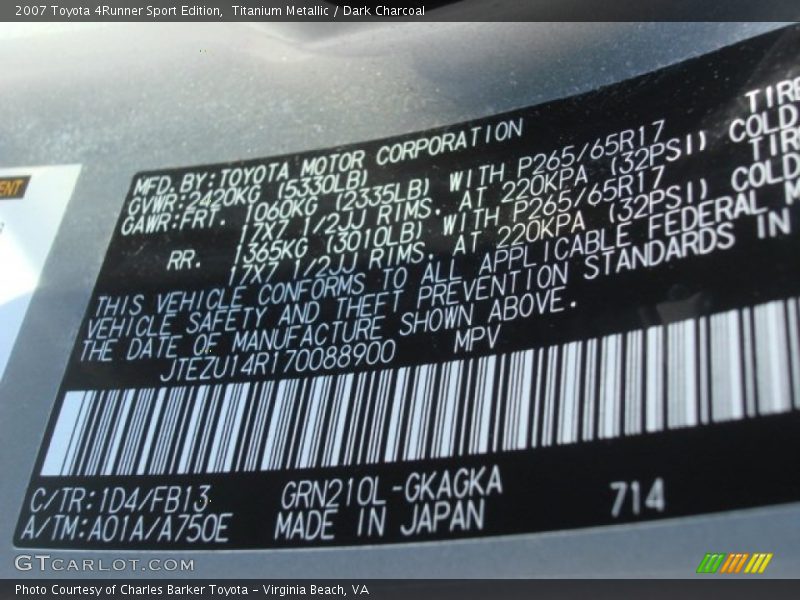 Titanium Metallic / Dark Charcoal 2007 Toyota 4Runner Sport Edition