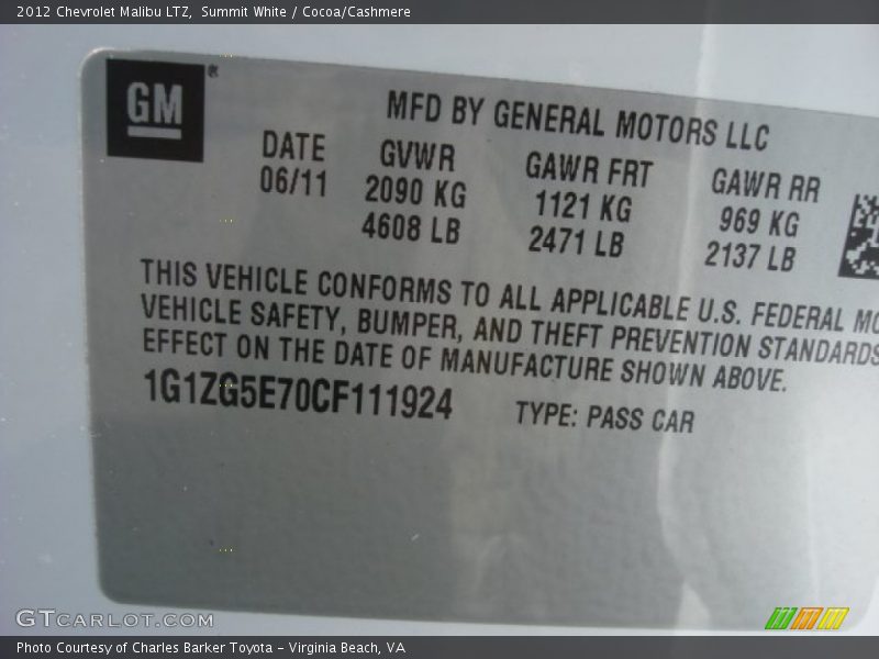Summit White / Cocoa/Cashmere 2012 Chevrolet Malibu LTZ