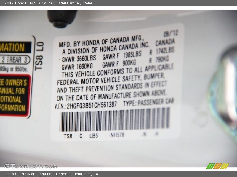 Taffeta White / Stone 2012 Honda Civic LX Coupe