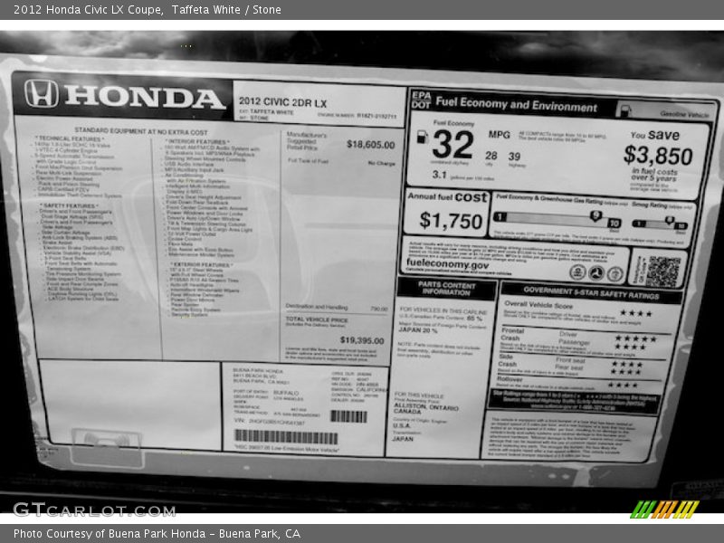 Taffeta White / Stone 2012 Honda Civic LX Coupe