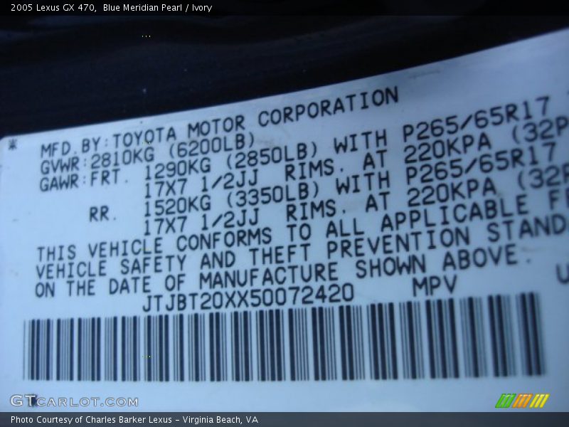 Blue Meridian Pearl / Ivory 2005 Lexus GX 470