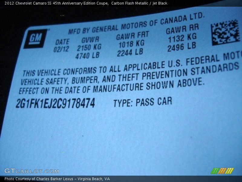 Carbon Flash Metallic / Jet Black 2012 Chevrolet Camaro SS 45th Anniversary Edition Coupe