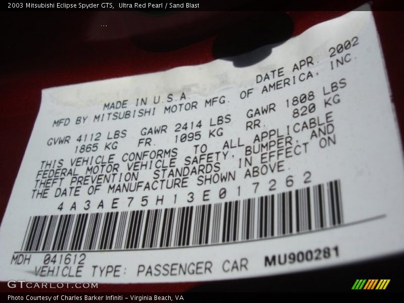 Ultra Red Pearl / Sand Blast 2003 Mitsubishi Eclipse Spyder GTS