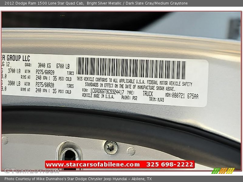 Bright Silver Metallic / Dark Slate Gray/Medium Graystone 2012 Dodge Ram 1500 Lone Star Quad Cab