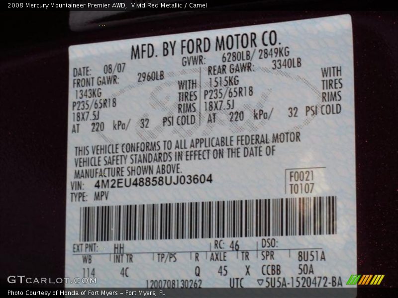 Vivid Red Metallic / Camel 2008 Mercury Mountaineer Premier AWD