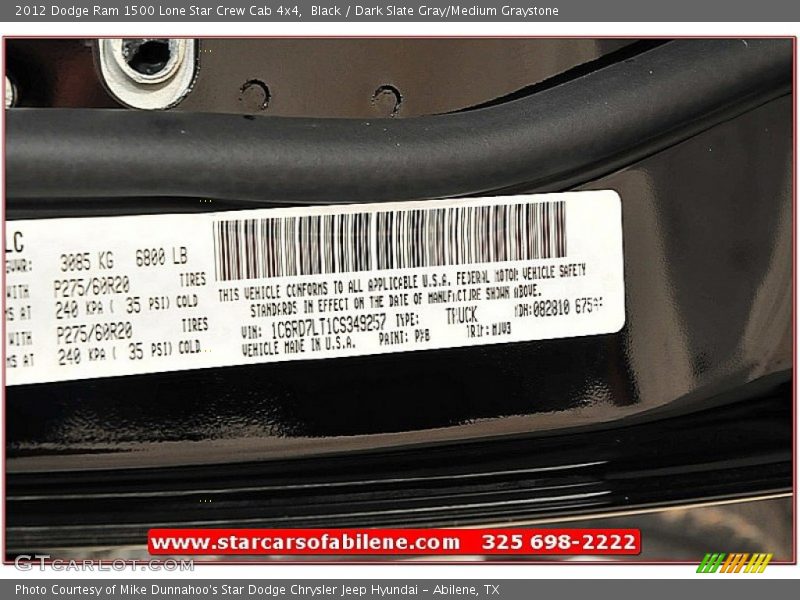 Black / Dark Slate Gray/Medium Graystone 2012 Dodge Ram 1500 Lone Star Crew Cab 4x4
