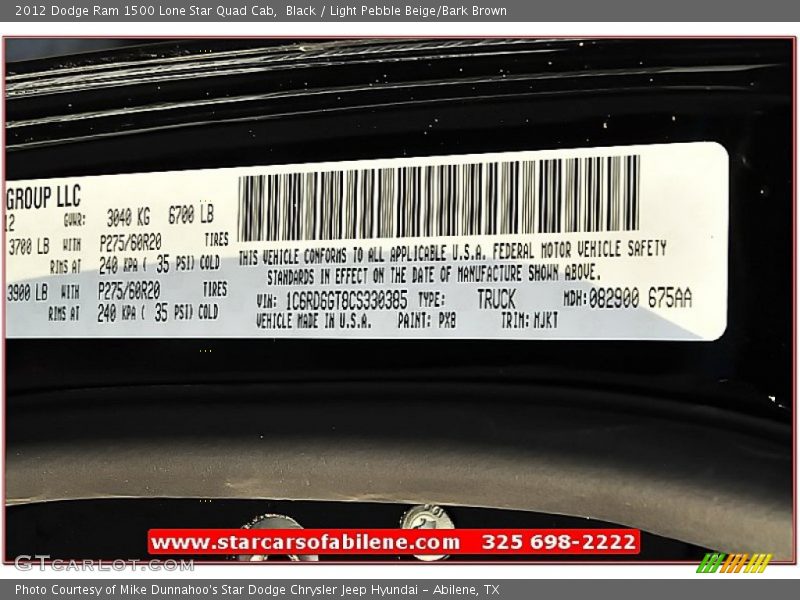 Black / Light Pebble Beige/Bark Brown 2012 Dodge Ram 1500 Lone Star Quad Cab