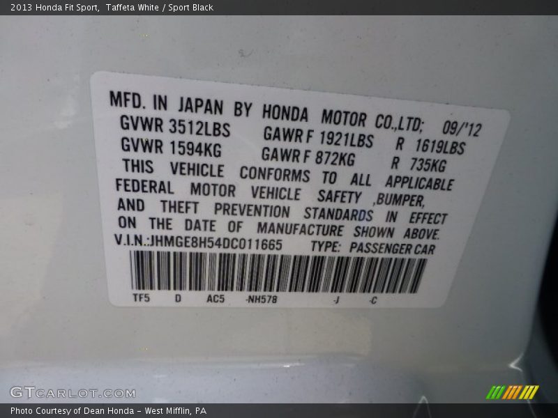 Taffeta White / Sport Black 2013 Honda Fit Sport