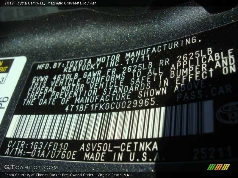 Magnetic Gray Metallic / Ash 2012 Toyota Camry LE