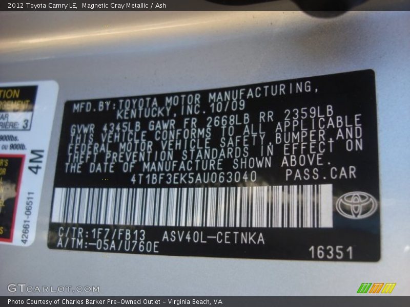 Magnetic Gray Metallic / Ash 2012 Toyota Camry LE