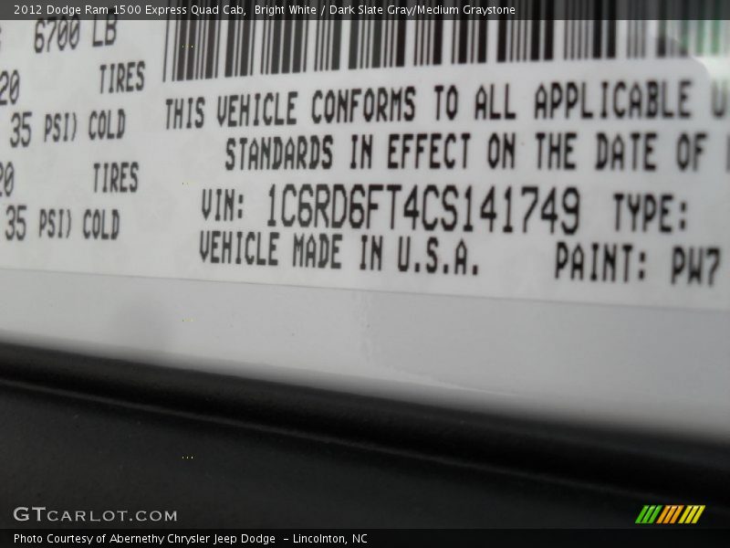 2012 Ram 1500 Express Quad Cab Bright White Color Code PW7