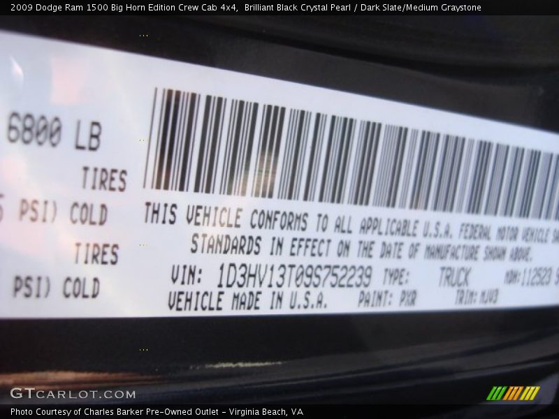 Brilliant Black Crystal Pearl / Dark Slate/Medium Graystone 2009 Dodge Ram 1500 Big Horn Edition Crew Cab 4x4