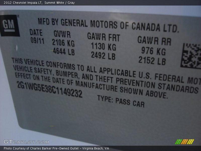 Summit White / Gray 2012 Chevrolet Impala LT