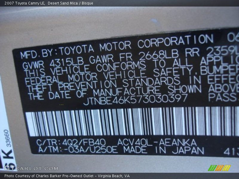 Desert Sand Mica / Bisque 2007 Toyota Camry LE