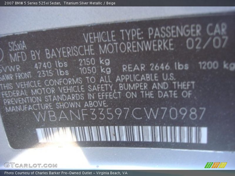 Titanium Silver Metallic / Beige 2007 BMW 5 Series 525xi Sedan
