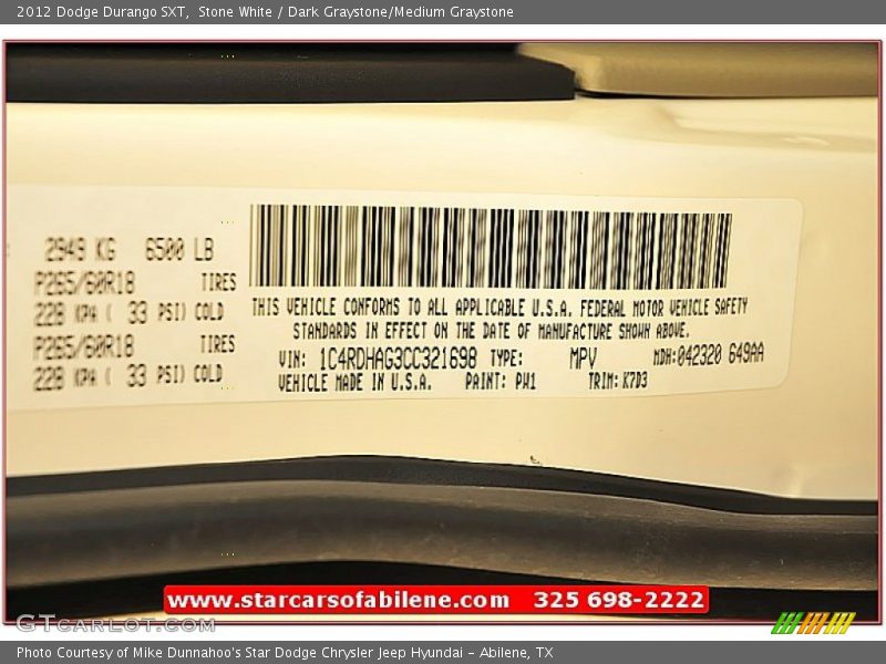 Stone White / Dark Graystone/Medium Graystone 2012 Dodge Durango SXT