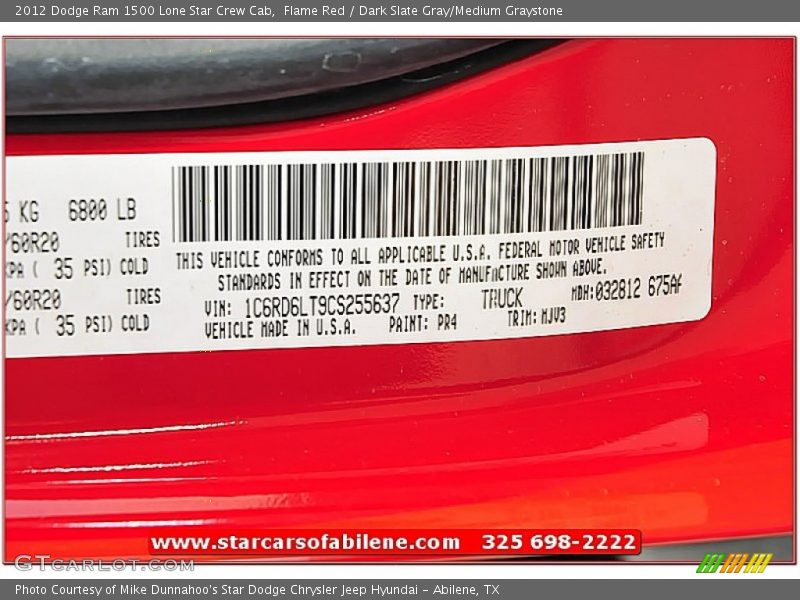 Flame Red / Dark Slate Gray/Medium Graystone 2012 Dodge Ram 1500 Lone Star Crew Cab