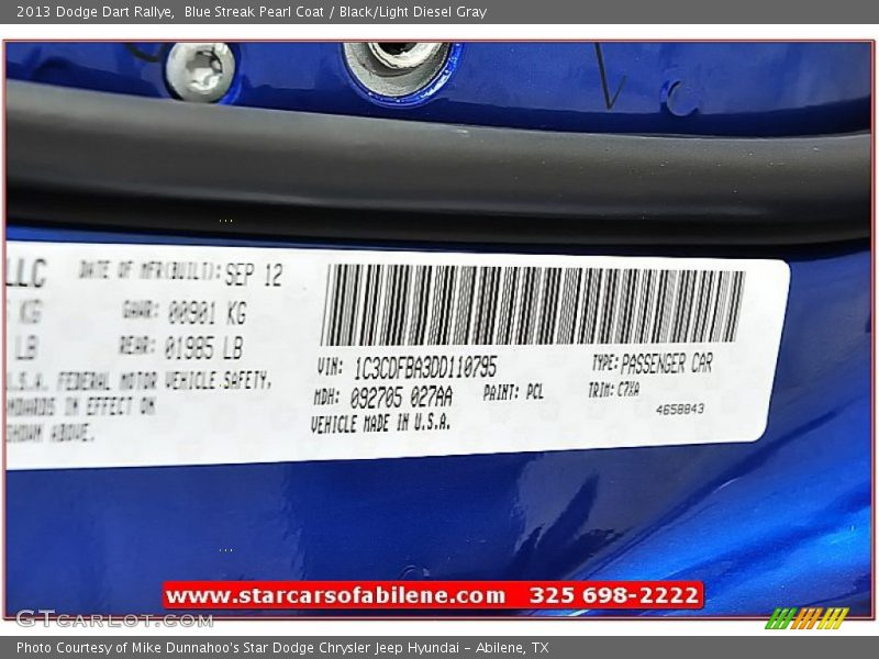 Blue Streak Pearl Coat / Black/Light Diesel Gray 2013 Dodge Dart Rallye