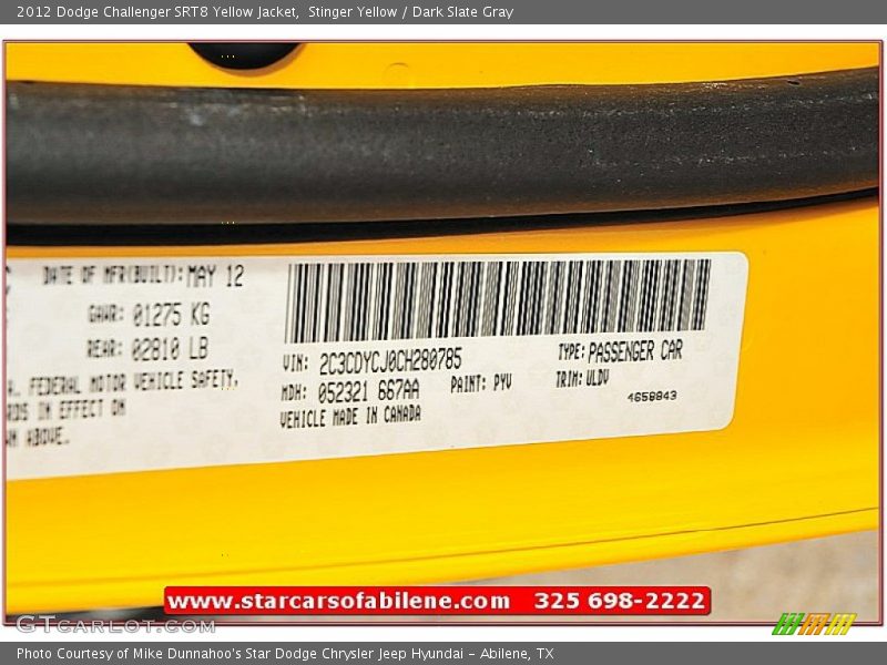 Stinger Yellow / Dark Slate Gray 2012 Dodge Challenger SRT8 Yellow Jacket