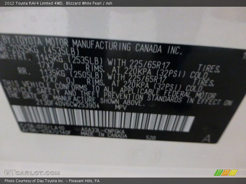 Blizzard White Pearl / Ash 2012 Toyota RAV4 Limited 4WD