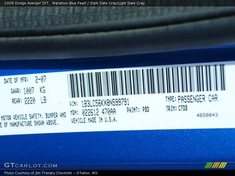 Marathon Blue Pearl / Dark Slate Gray/Light Slate Gray 2008 Dodge Avenger SXT