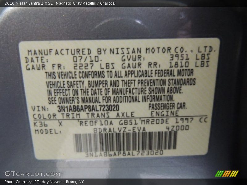 Magnetic Gray Metallic / Charcoal 2010 Nissan Sentra 2.0 SL