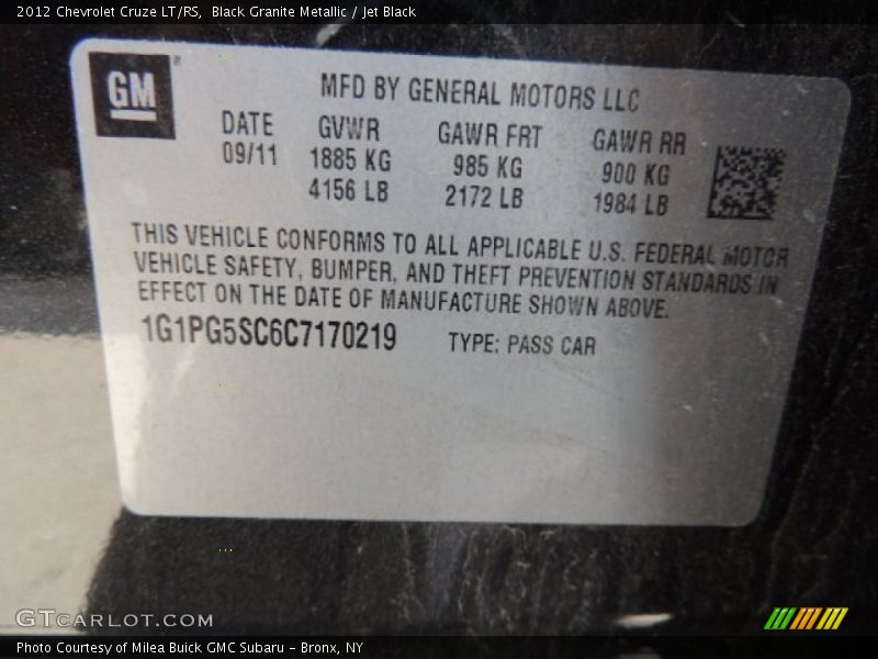 Black Granite Metallic / Jet Black 2012 Chevrolet Cruze LT/RS