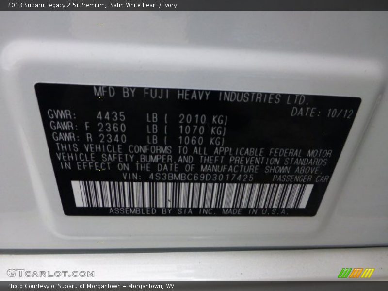 Satin White Pearl / Ivory 2013 Subaru Legacy 2.5i Premium