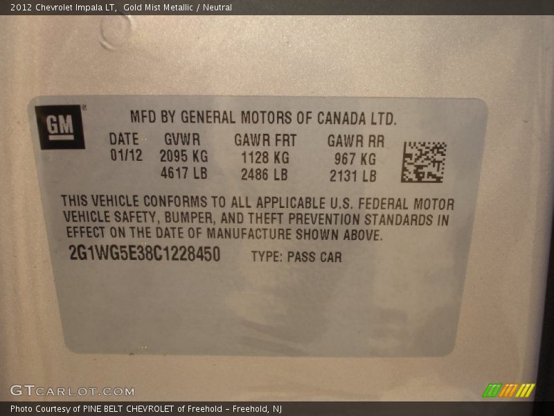 Gold Mist Metallic / Neutral 2012 Chevrolet Impala LT