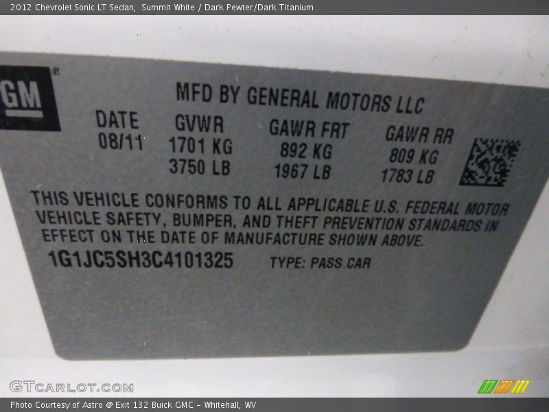 Summit White / Dark Pewter/Dark Titanium 2012 Chevrolet Sonic LT Sedan