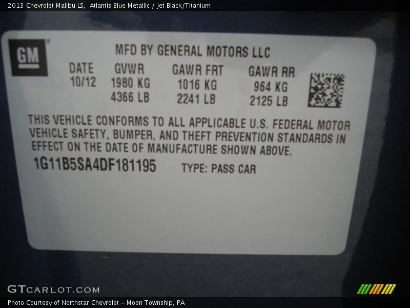 Atlantis Blue Metallic / Jet Black/Titanium 2013 Chevrolet Malibu LS