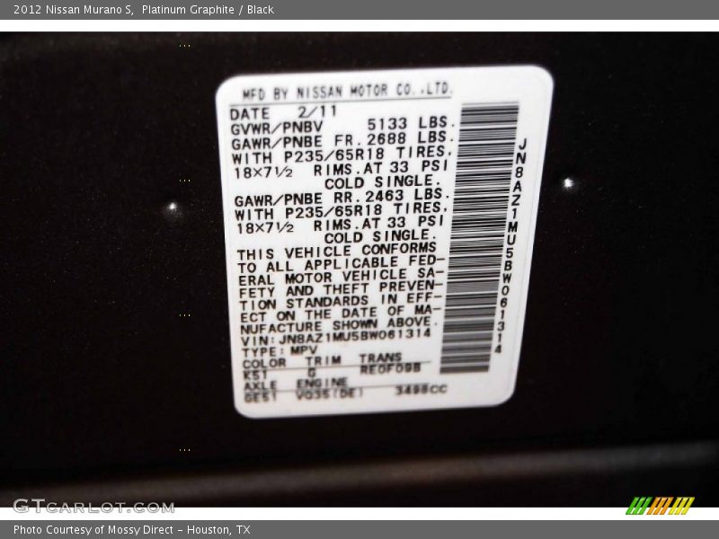 Platinum Graphite / Black 2012 Nissan Murano S