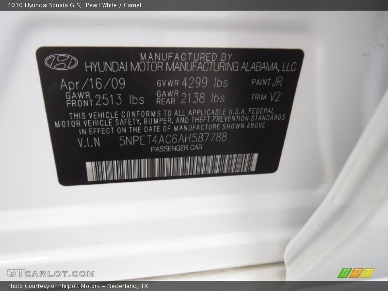 Pearl White / Camel 2010 Hyundai Sonata GLS