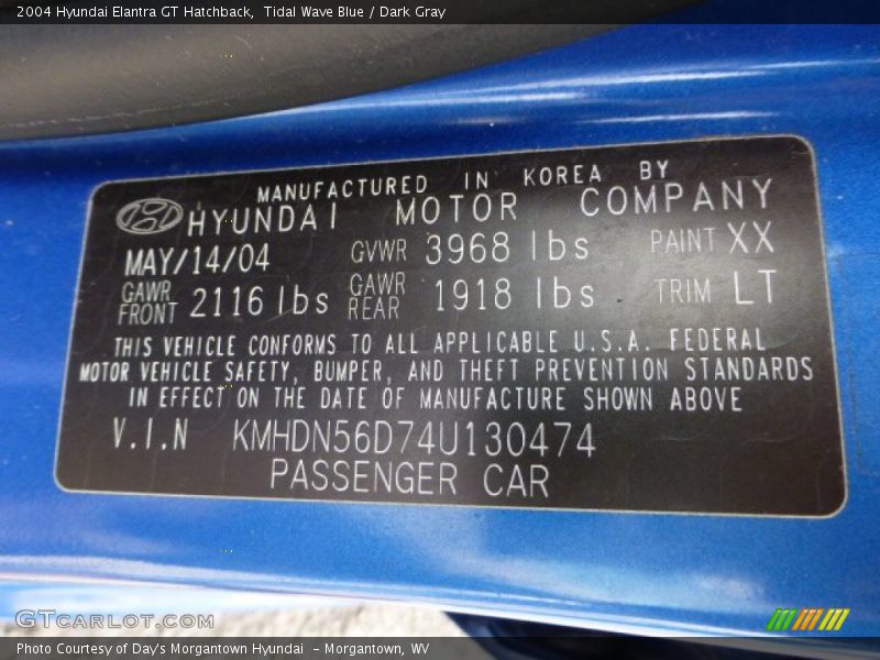 2004 Elantra GT Hatchback Tidal Wave Blue Color Code XX