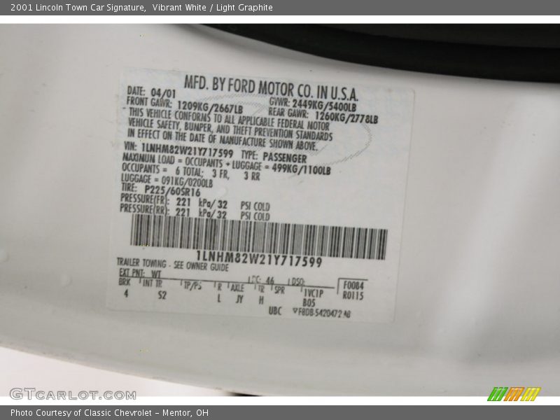 Vibrant White / Light Graphite 2001 Lincoln Town Car Signature