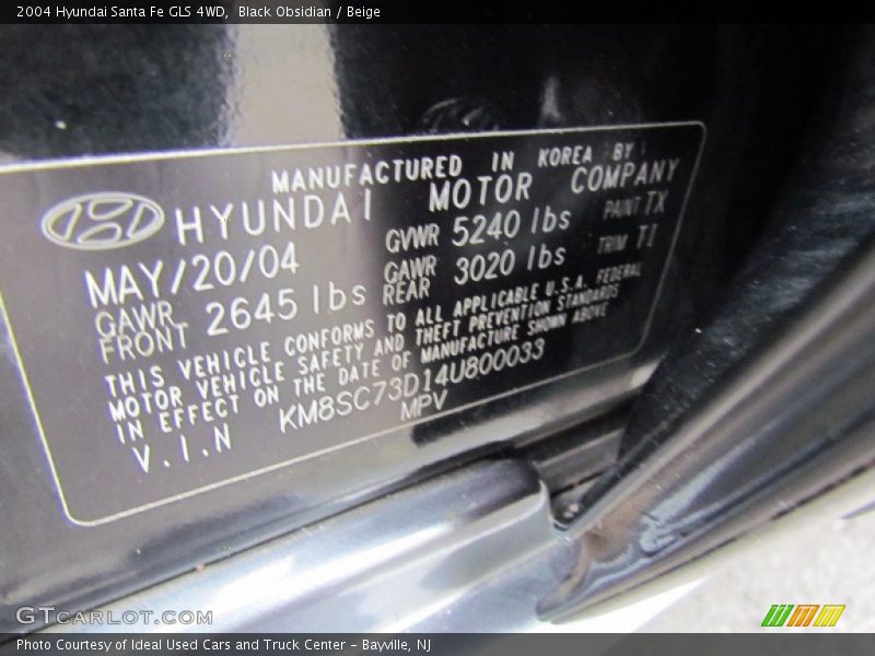 2004 Santa Fe GLS 4WD Black Obsidian Color Code TX