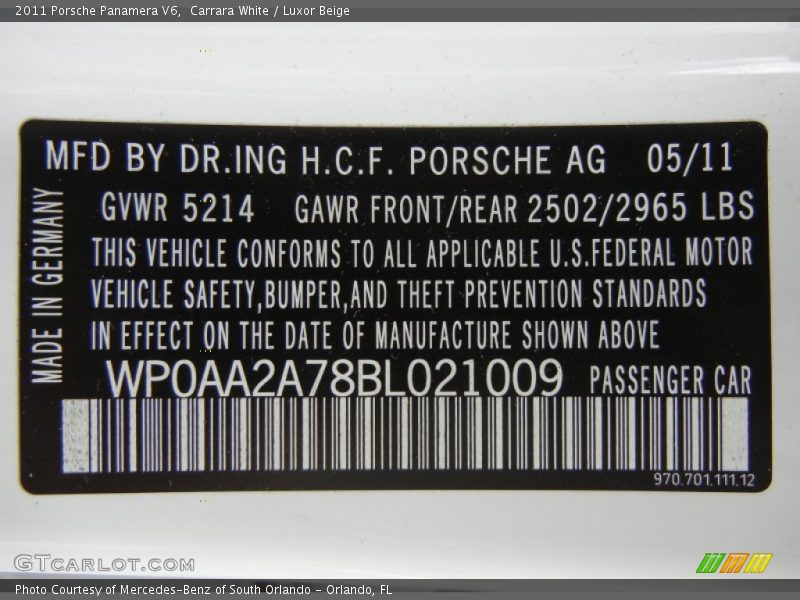 Info Tag of 2011 Panamera V6