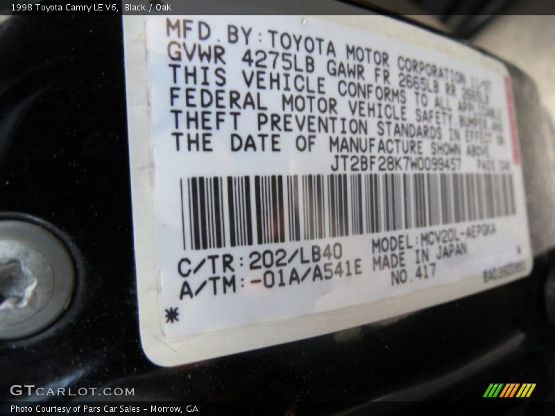 1998 Camry LE V6 Black Color Code 202