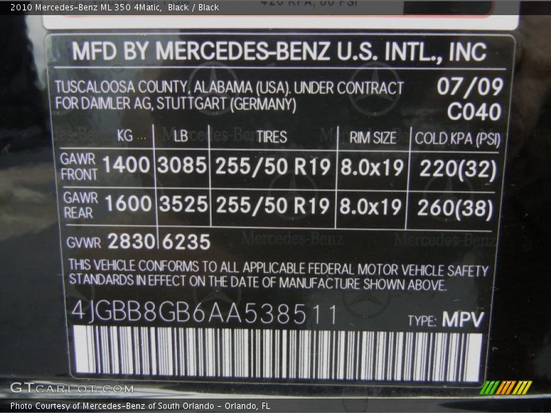 2010 ML 350 4Matic Black Color Code 040