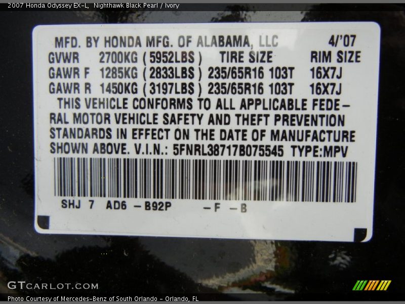 Nighthawk Black Pearl / Ivory 2007 Honda Odyssey EX-L