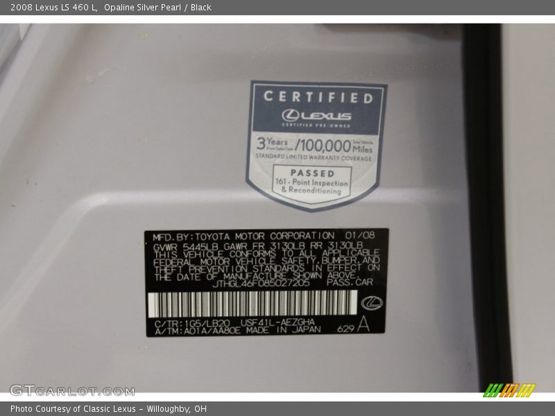 Opaline Silver Pearl / Black 2008 Lexus LS 460 L