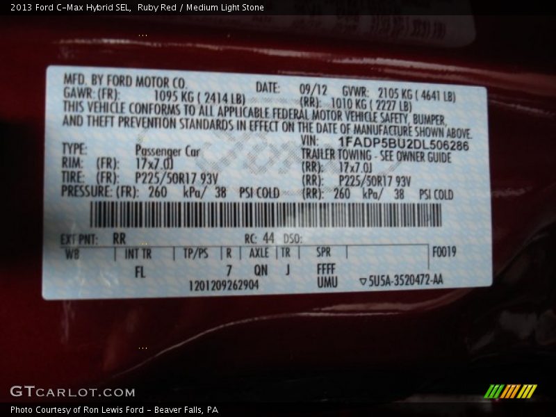 2013 C-Max Hybrid SEL Ruby Red Color Code RR