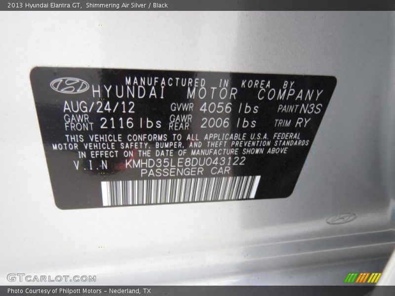 2013 Elantra GT Shimmering Air Silver Color Code N3S