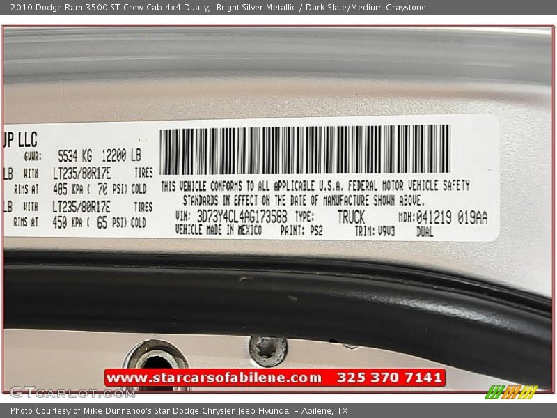 Bright Silver Metallic / Dark Slate/Medium Graystone 2010 Dodge Ram 3500 ST Crew Cab 4x4 Dually