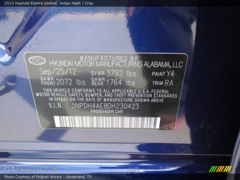 2013 Elantra Limited Indigo Night Color Code Y4